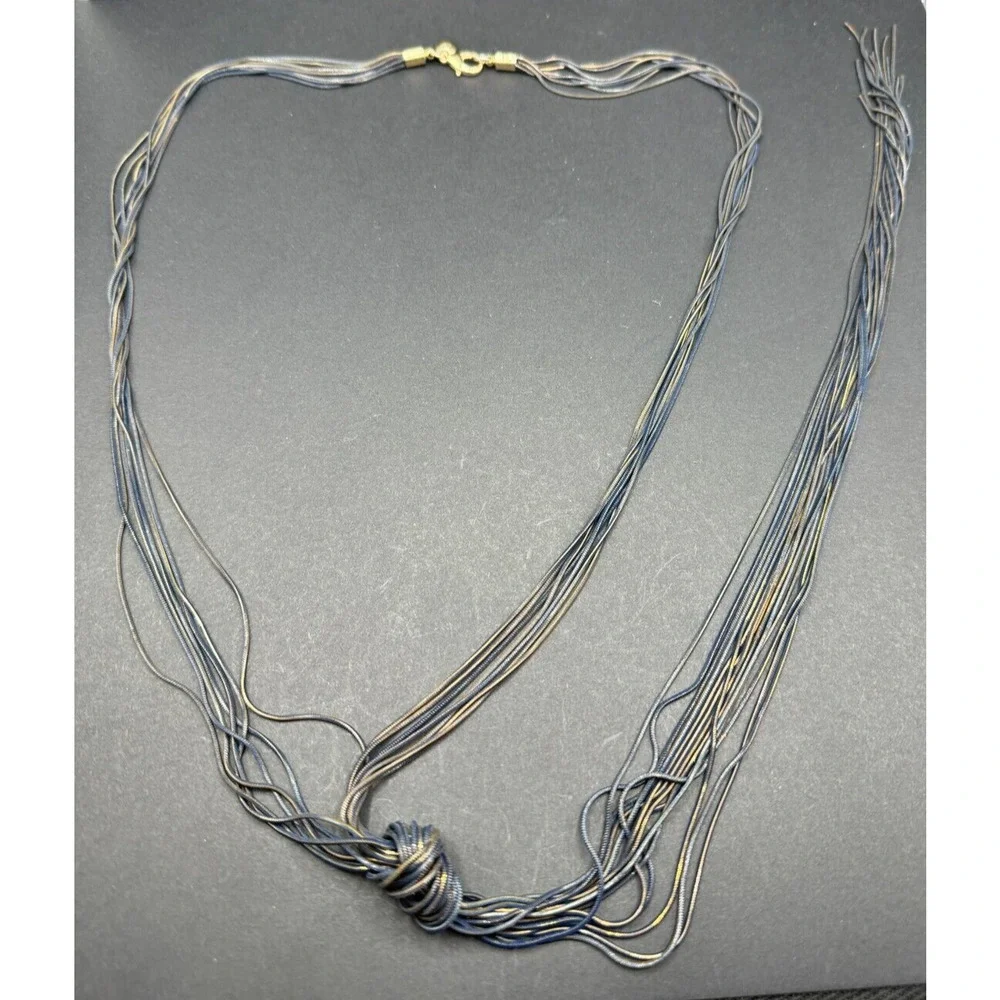 Vintage Blue Gold Two Tone Knot Multi Strand Snake Chain Statement Necklace